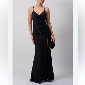 NWT Rachel Pally Black Sleeveless Halter Ruched Bodycon Side Slit Maxi Dress